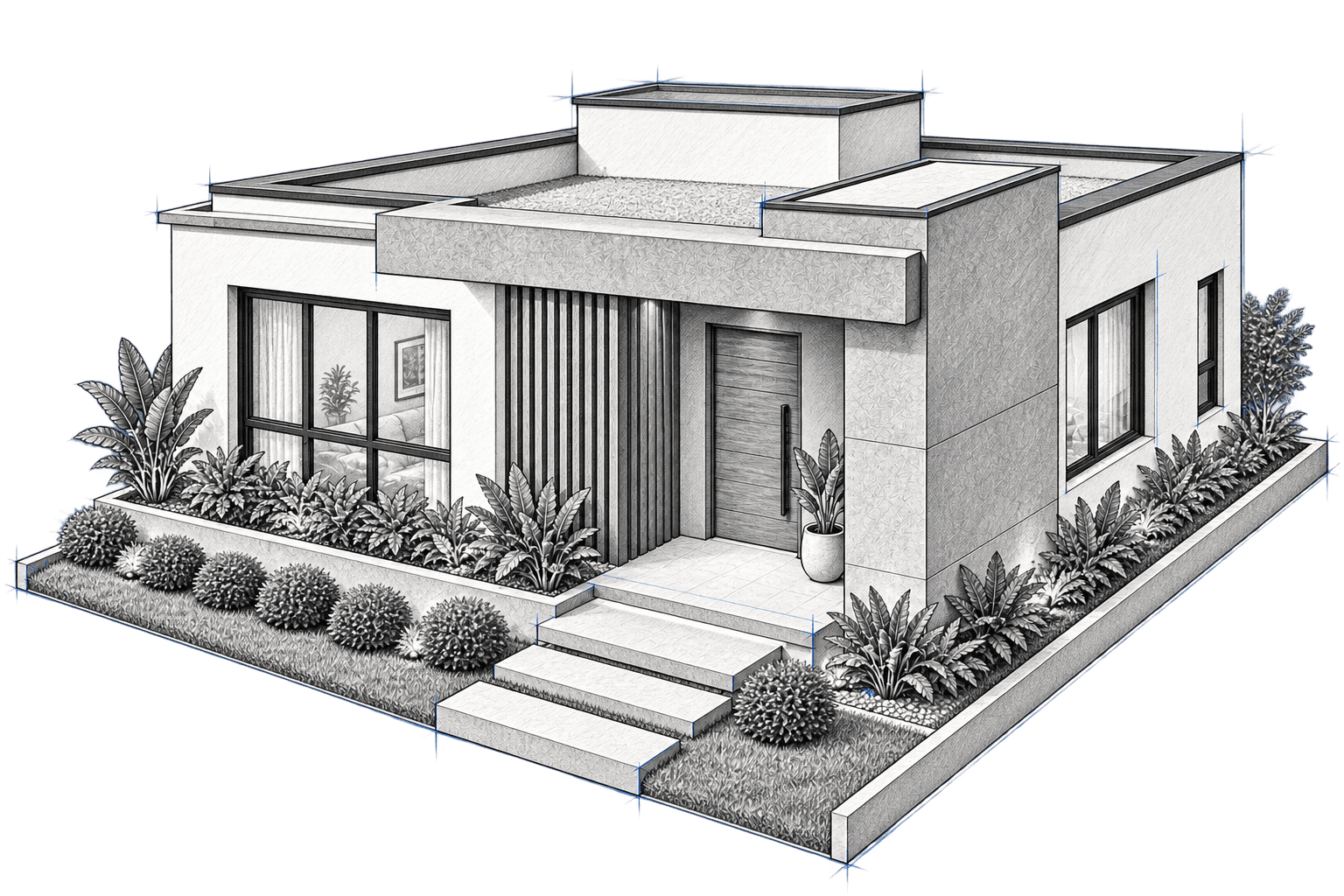 Rascunho arquitetônico tridimensional de uma residência térrea contemporânea