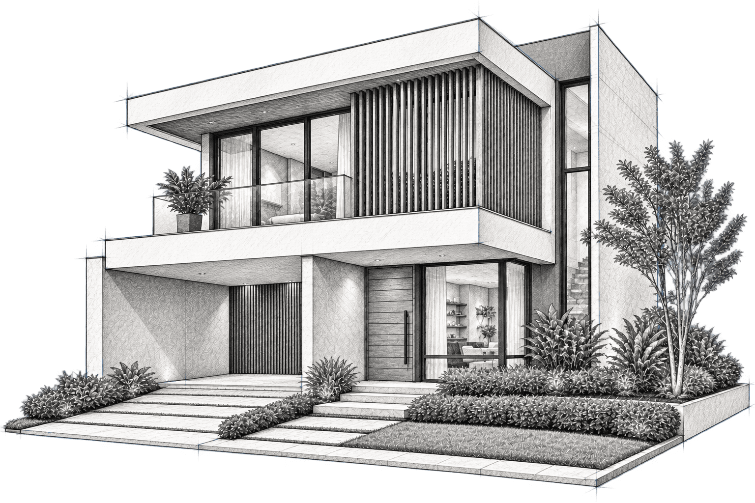 Rascunho arquitetônico tridimensional de uma residência contemporânea